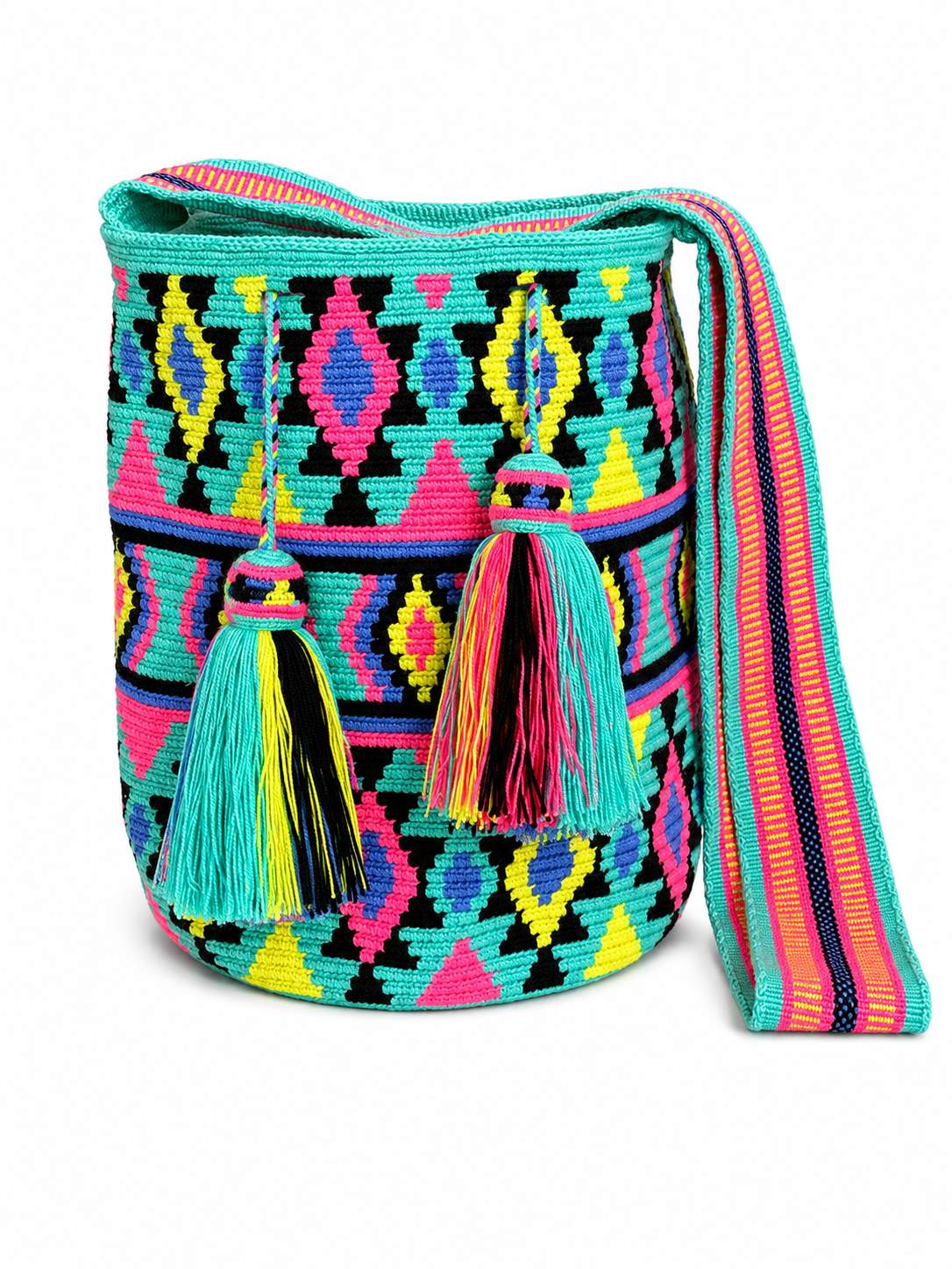 Handmade Wayuu Crossbody Bag – Geometric Crochet Bucket Bag, Colombian Artisan Shoulder Purse