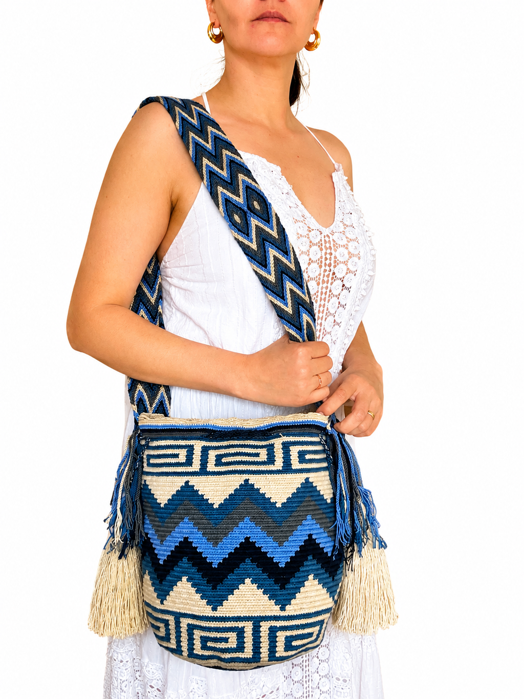 Handmade Wayuu Crossbody Bag – Geometric Crochet Bucket Bag, Colombian Artisan Shoulder Purse