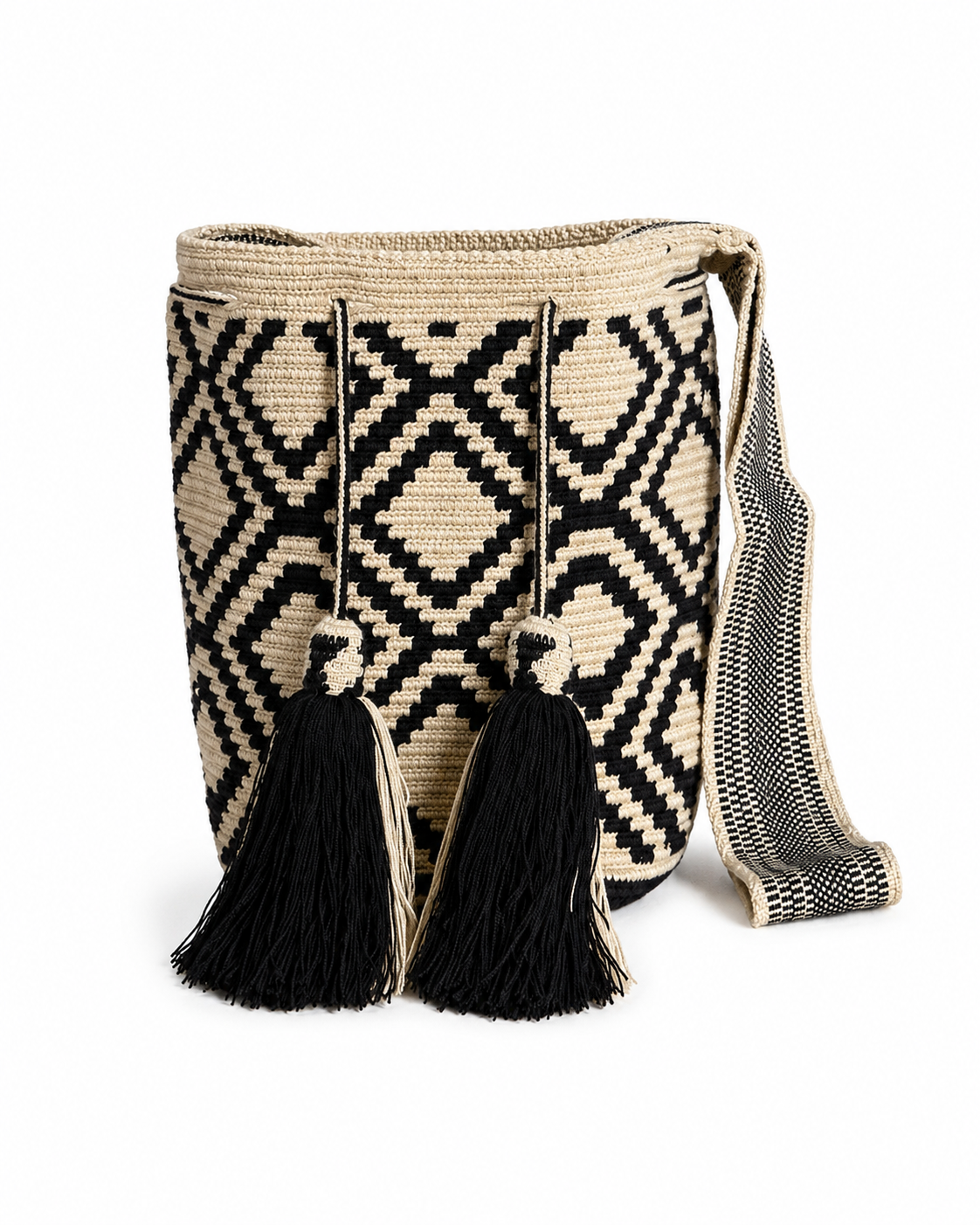 Handmade Wayuu Crossbody Bag – Black & Neutral Geometric Patterns, Artisan Crochet Bucket Bag