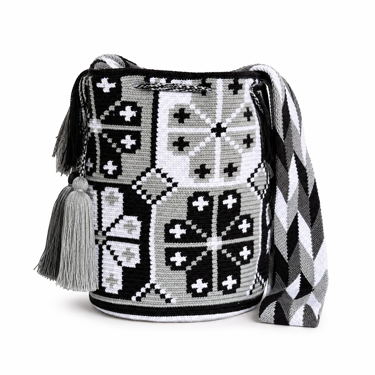 Handmade Wayuu Crossbody Bag – Black & Neutral Geometric Patterns, Artisan Crochet Bucket Bag