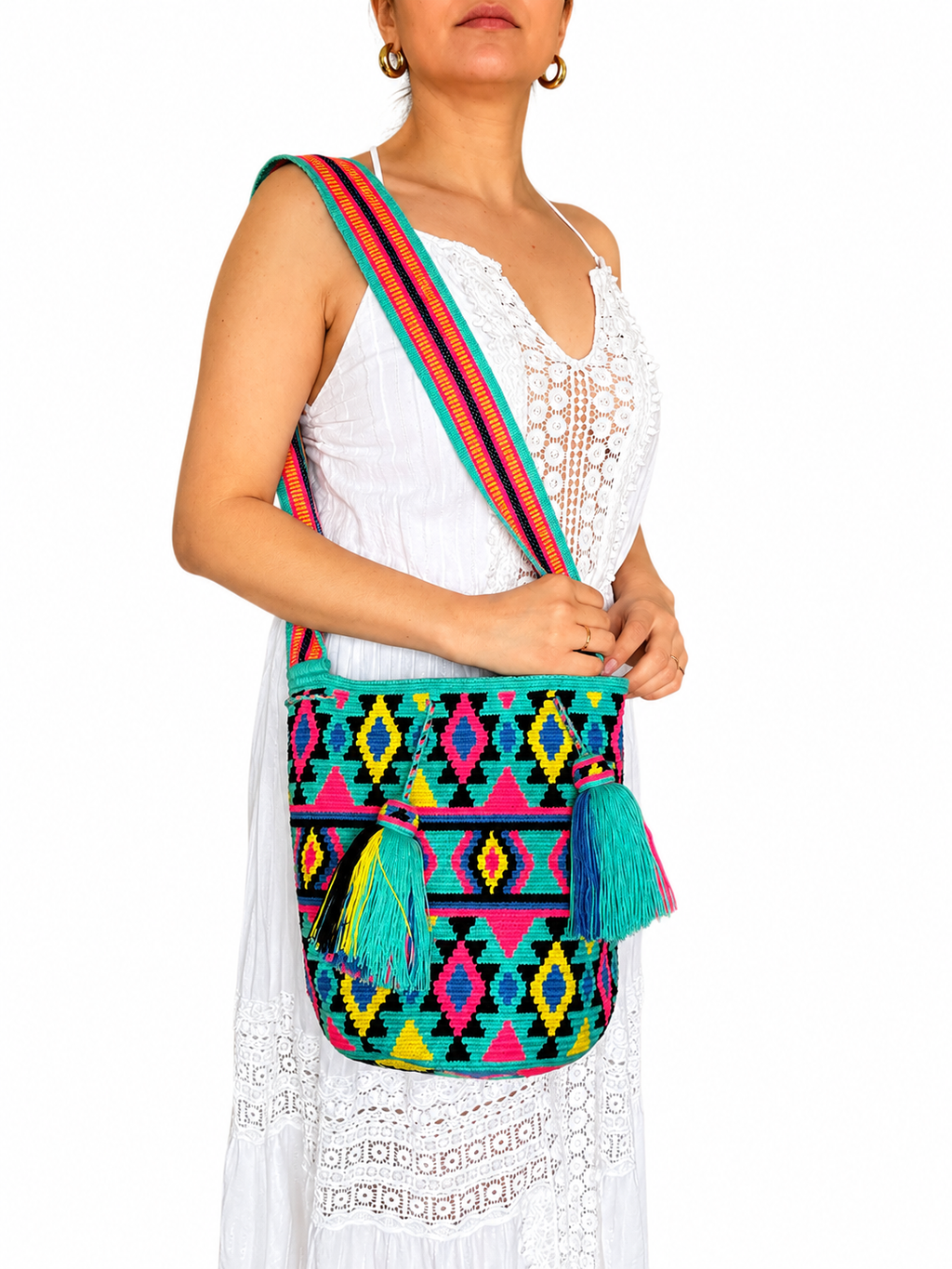 Handmade Wayuu Crossbody Bag – Geometric Crochet Bucket Bag, Colombian Artisan Shoulder Purse