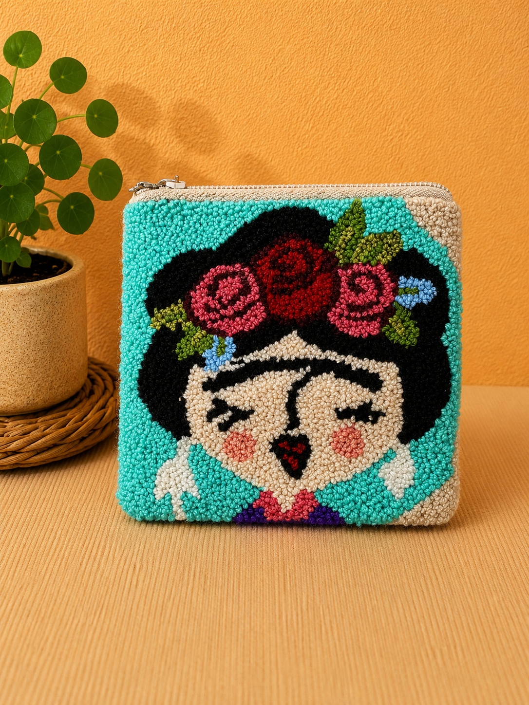 Handmade “Playful Portraits” Punch Needle Coin Purse – Artisan Character Zipper Pouch, Colorful Tufted Cosmetic Bag