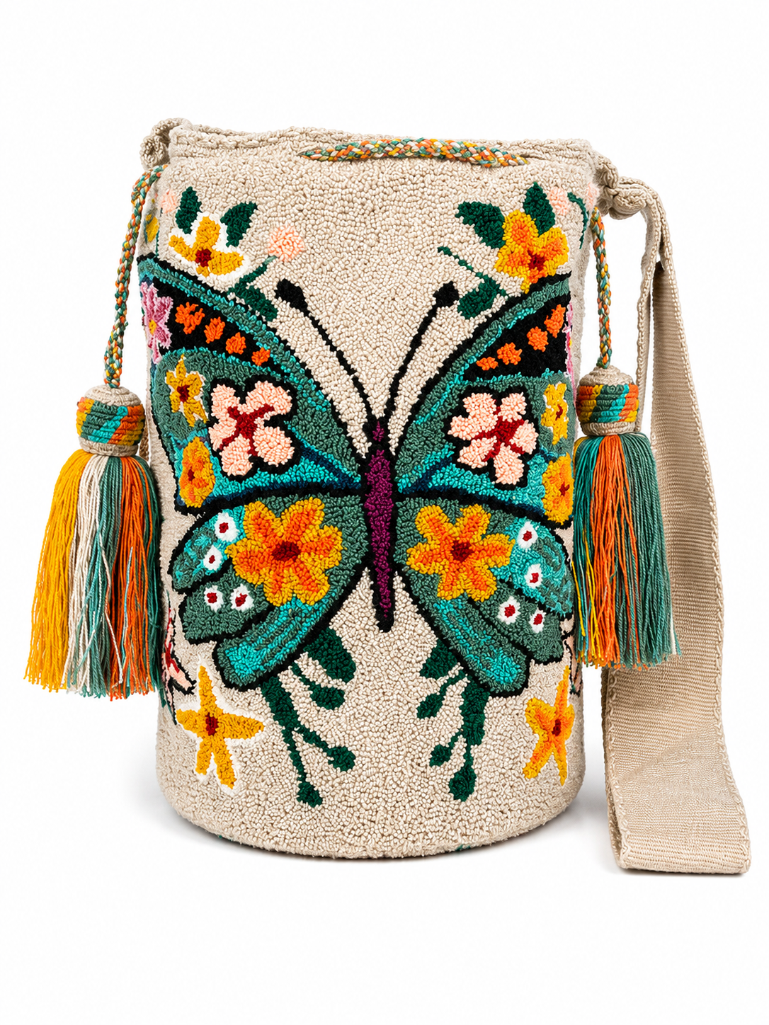 Handmade Wayuu Butterfly Bucket Bag | Luxury Colombian Crochet Crossbody Bag