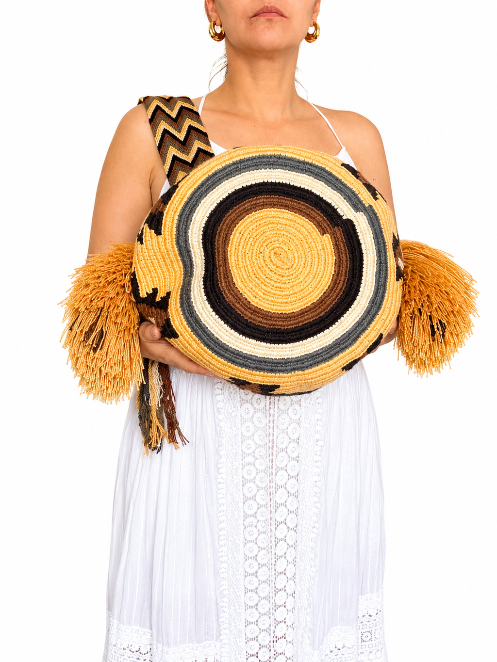 Handmade Wayuu Crossbody Bag – Black & Neutral Geometric Patterns, Artisan Crochet Bucket Bag