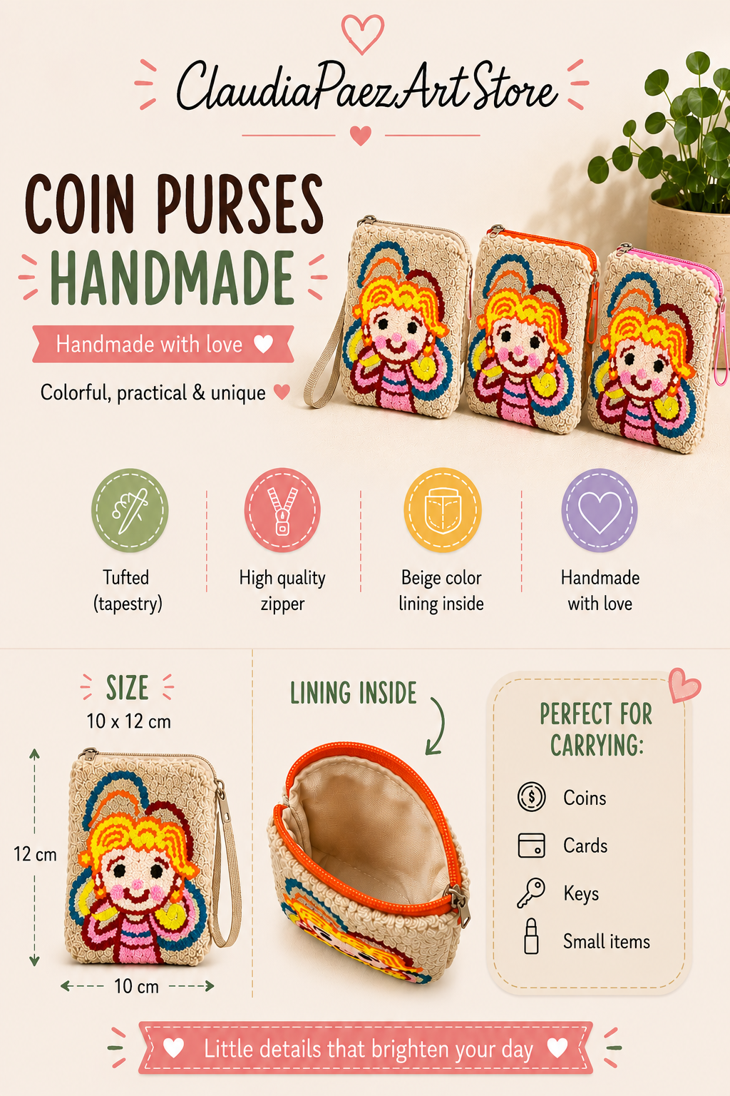 Handmade “Playful Portraits” Punch Needle Coin Purse – Artisan Character Zipper Pouch, Colorful Tufted Cosmetic Bag