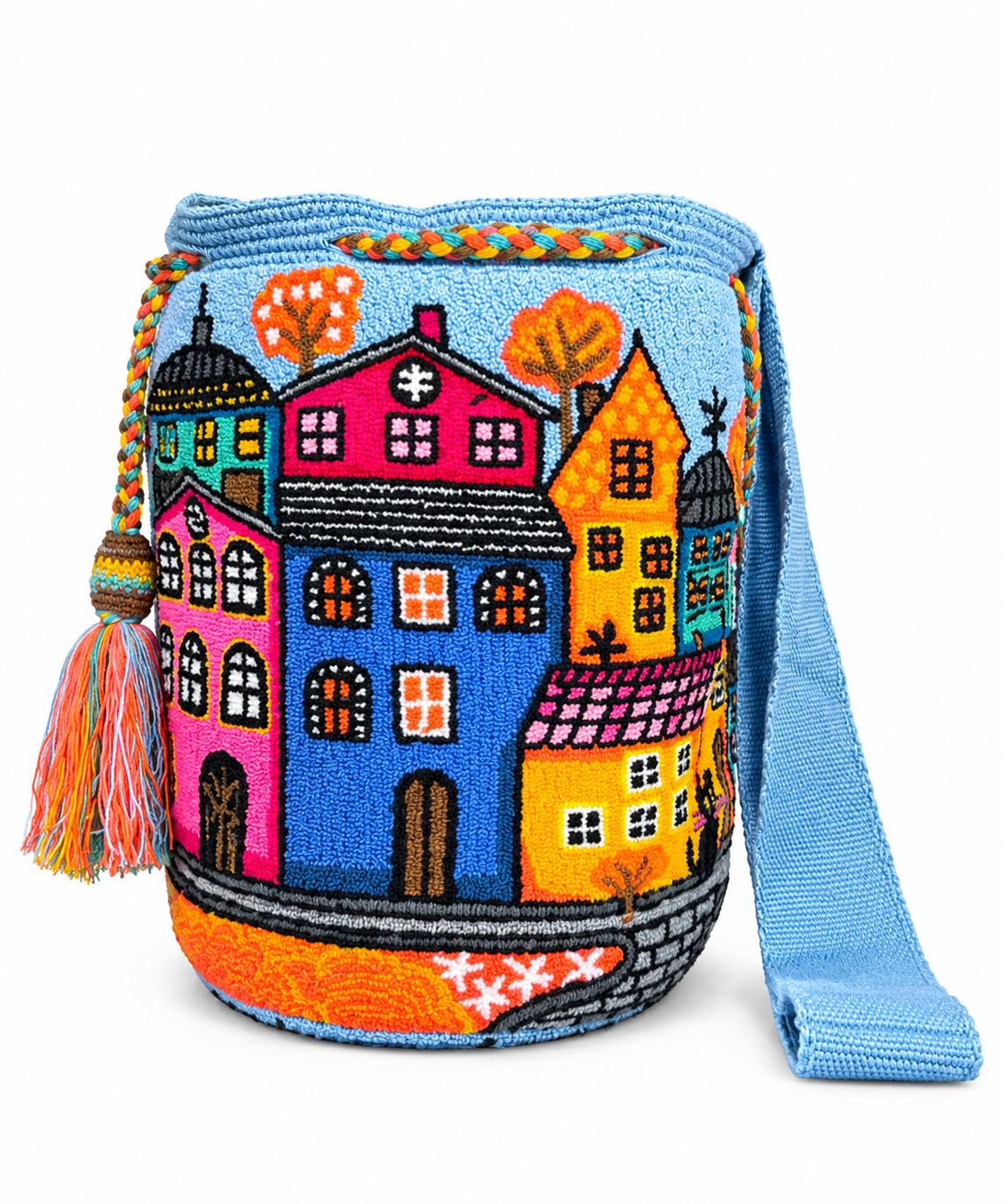 Colorful Village Wayuu Mochila – Handcrafted Artisan Bucket Bag