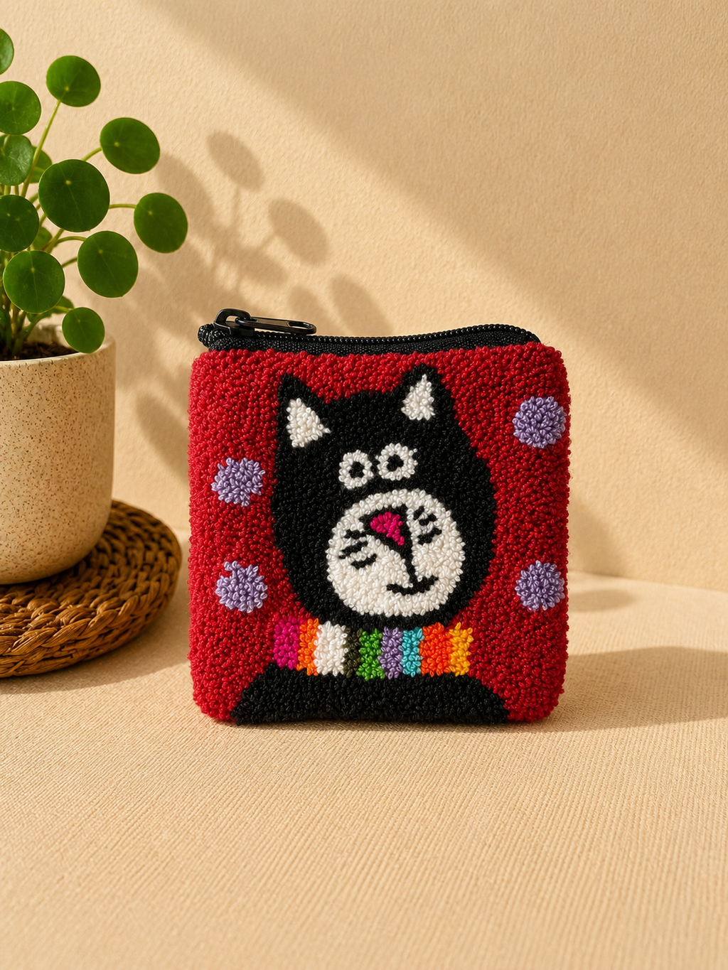 Handmade Wayuu Coin Purse – Colorful Artisan Mini Zipper Pouch with Whimsical Cats Design