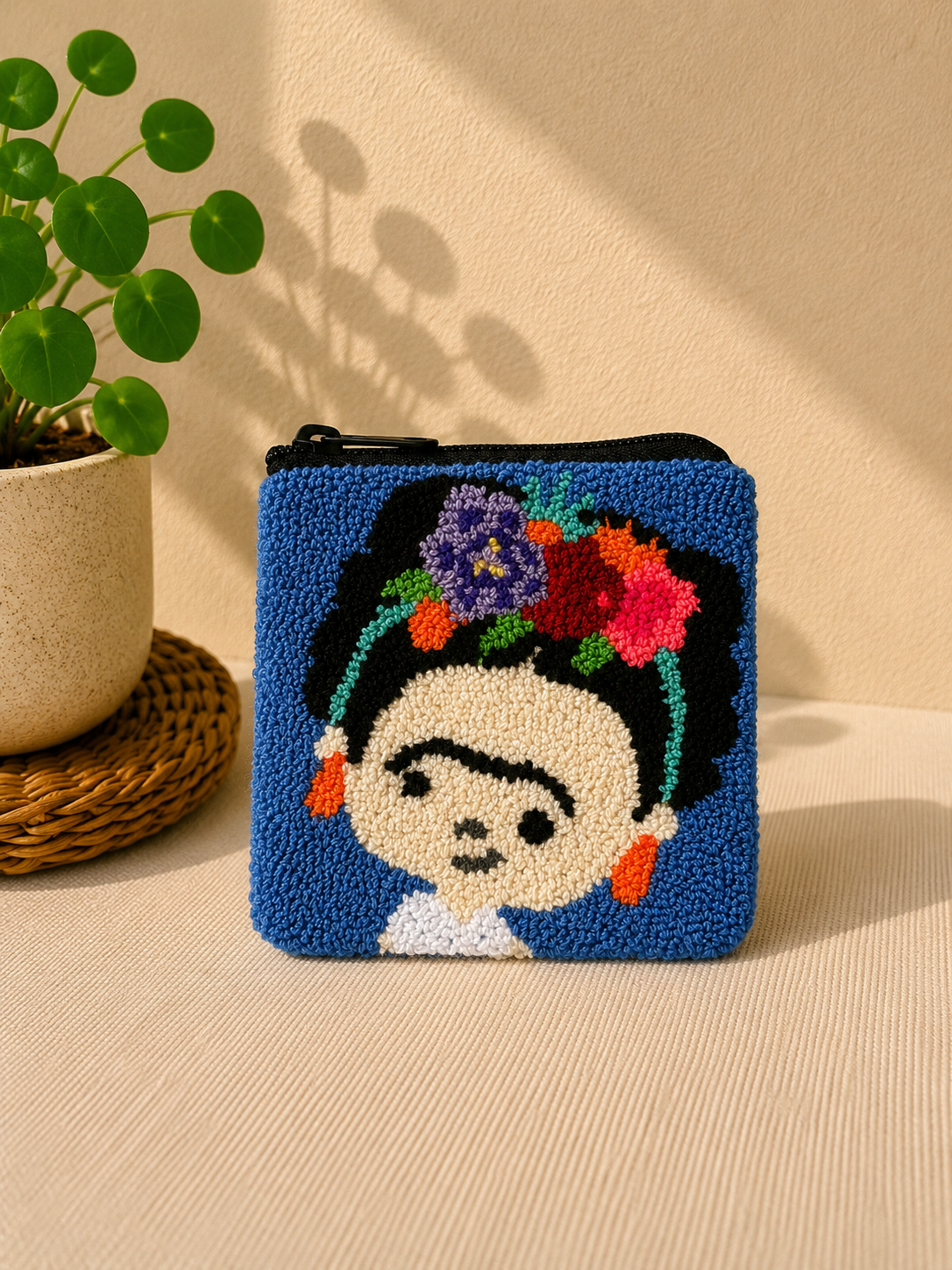 Handmade “Playful Portraits” Punch Needle Coin Purse – Artisan Character Zipper Pouch, Colorful Tufted Cosmetic Bag
