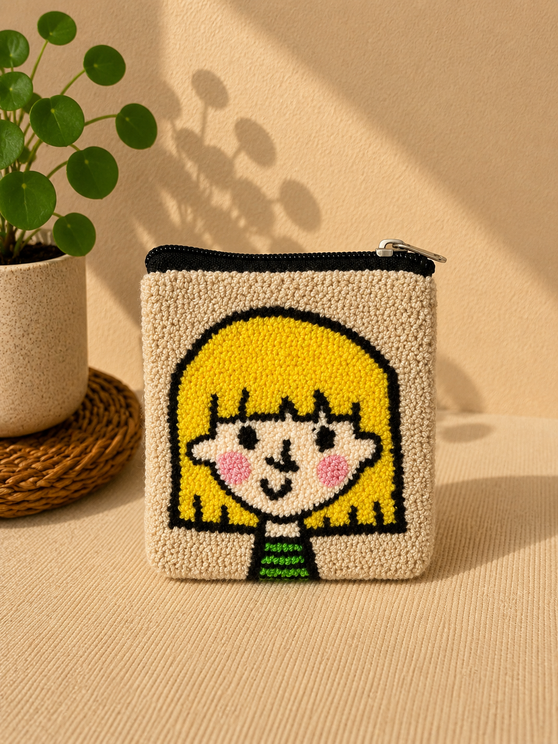 Handmade “Playful Portraits” Punch Needle Coin Purse – Artisan Character Zipper Pouch, Colorful Tufted Cosmetic Bag