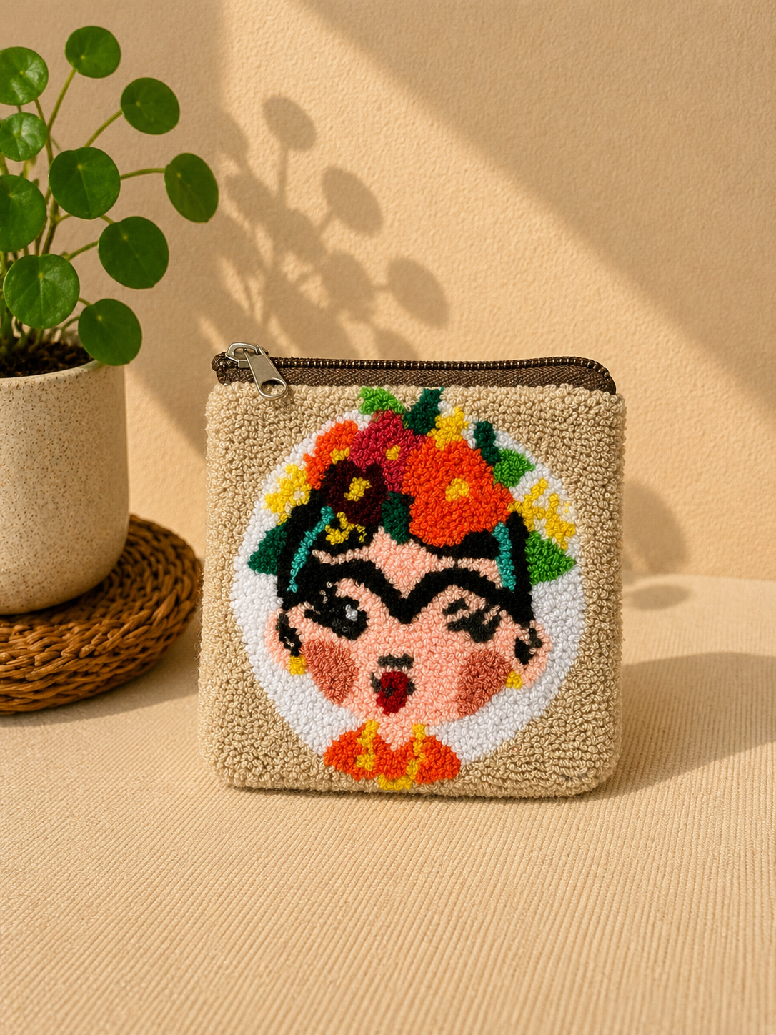 Handmade “Playful Portraits” Punch Needle Coin Purse – Artisan Character Zipper Pouch, Colorful Tufted Cosmetic Bag