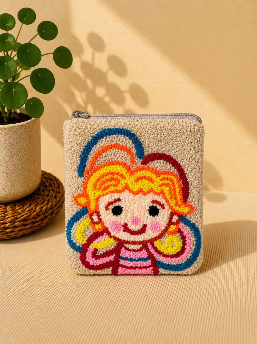 Handmade “Playful Portraits” Punch Needle Coin Purse – Artisan Character Zipper Pouch, Colorful Tufted Cosmetic Bag