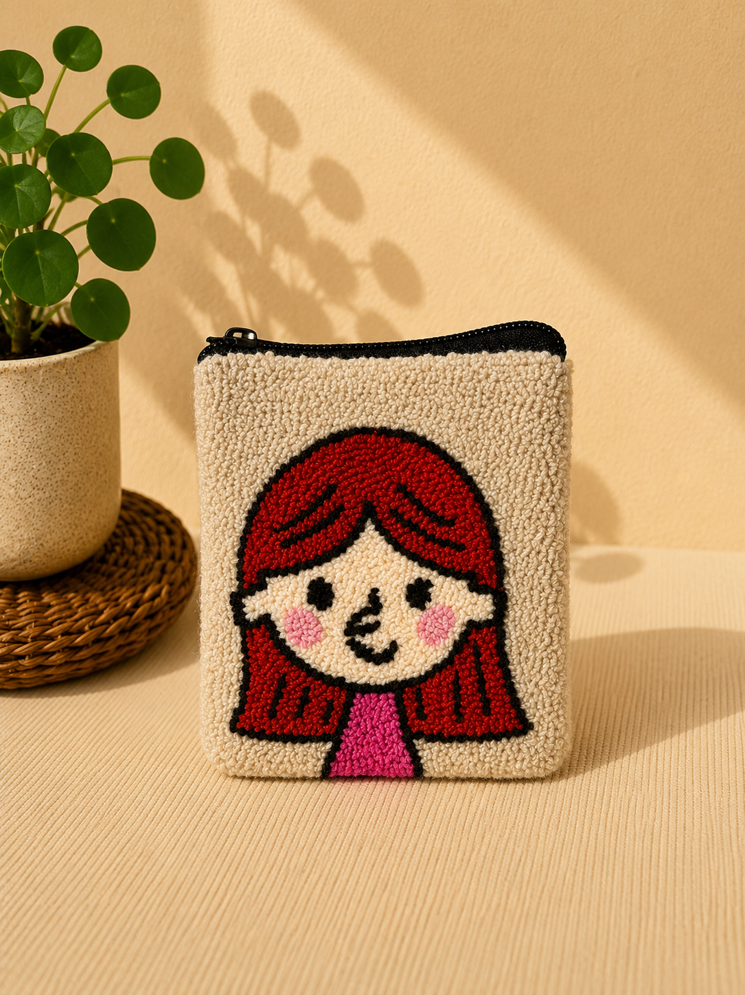 Handmade “Playful Portraits” Punch Needle Coin Purse – Artisan Character Zipper Pouch, Colorful Tufted Cosmetic Bag
