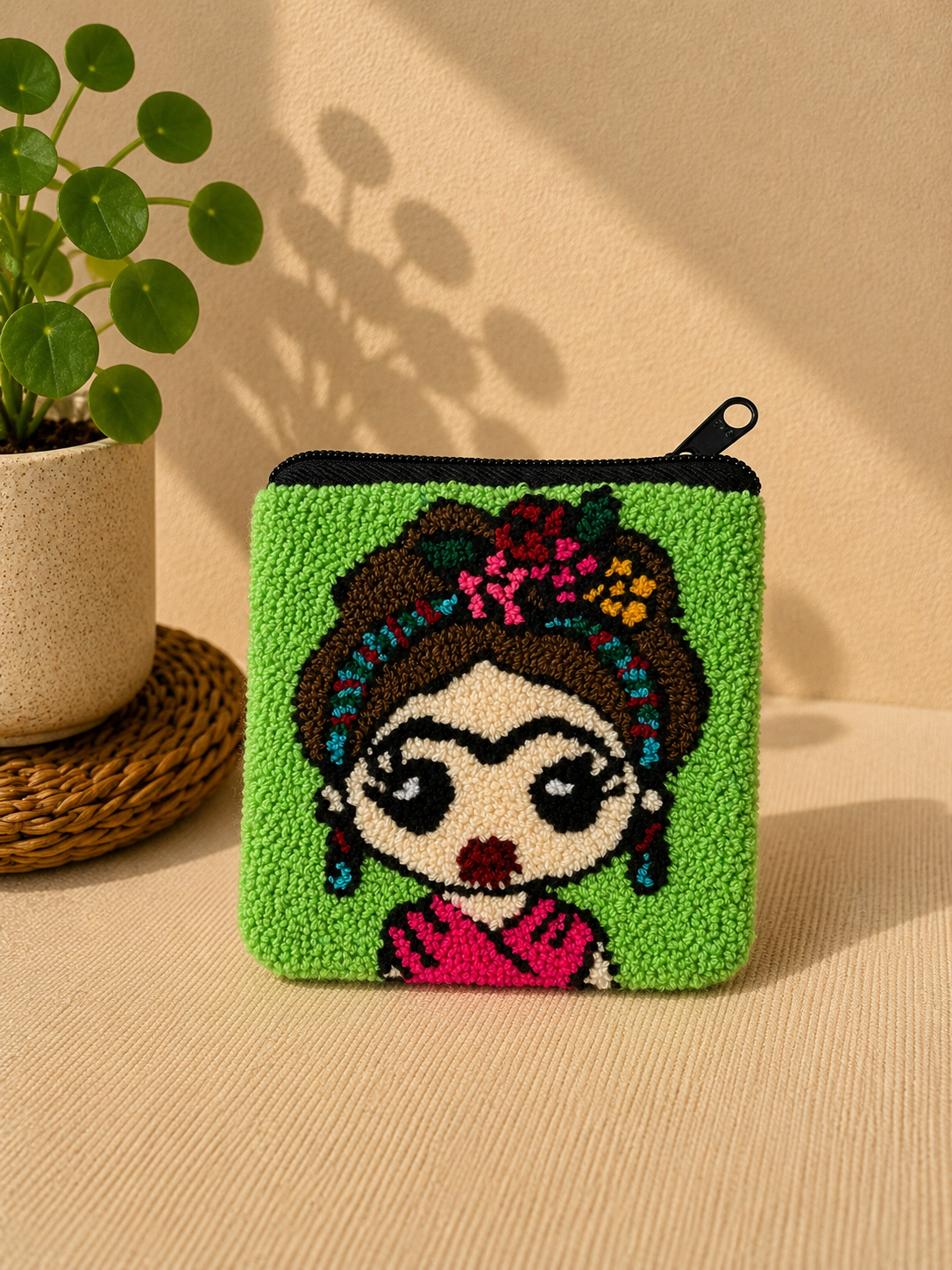 Handmade “Playful Portraits” Punch Needle Coin Purse – Artisan Character Zipper Pouch, Colorful Tufted Cosmetic Bag