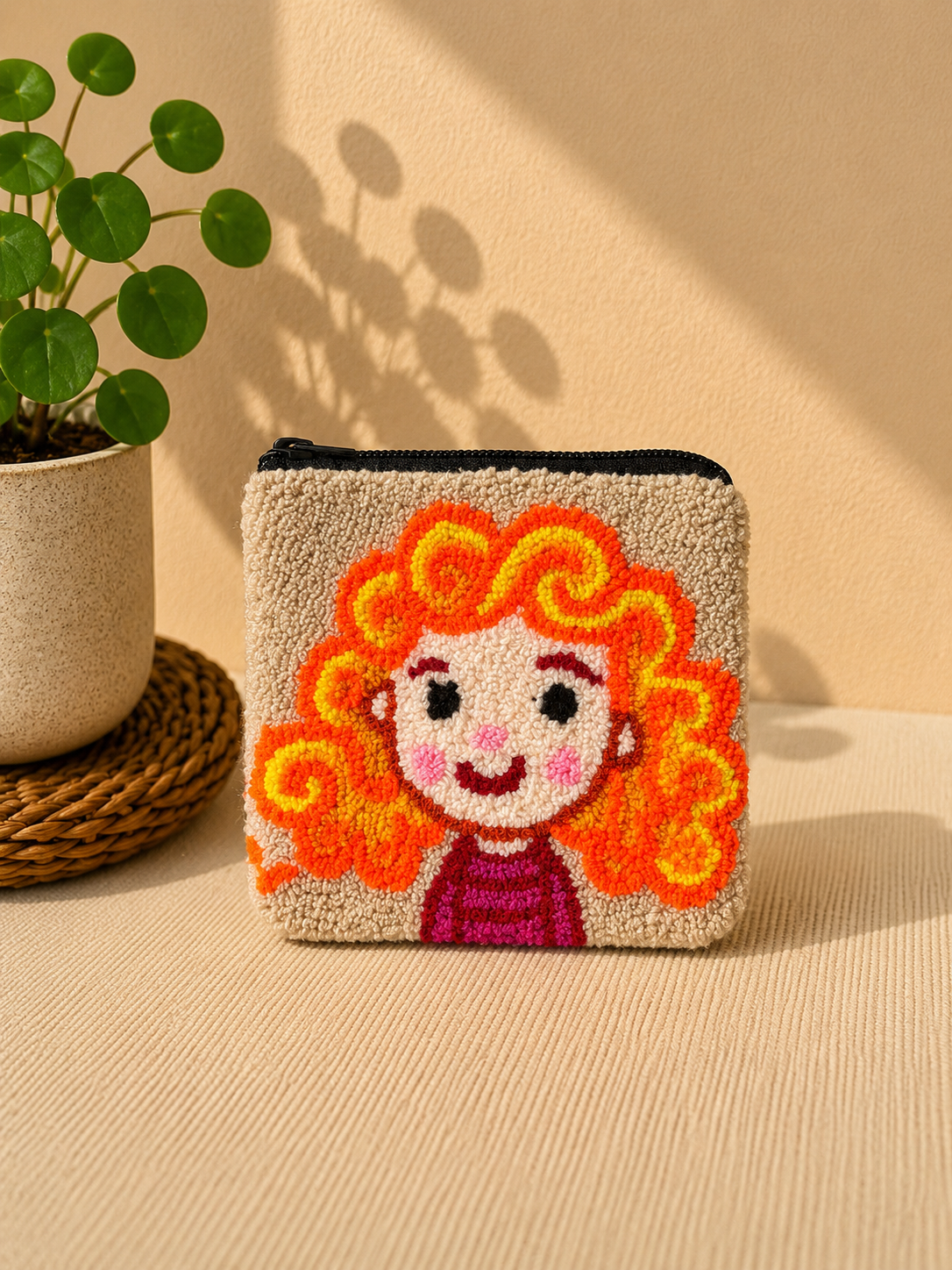 Handmade “Playful Portraits” Punch Needle Coin Purse – Artisan Character Zipper Pouch, Colorful Tufted Cosmetic Bag