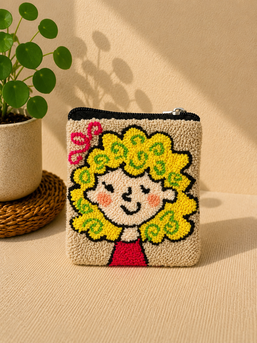 Handmade “Playful Portraits” Punch Needle Coin Purse – Artisan Character Zipper Pouch, Colorful Tufted Cosmetic Bag