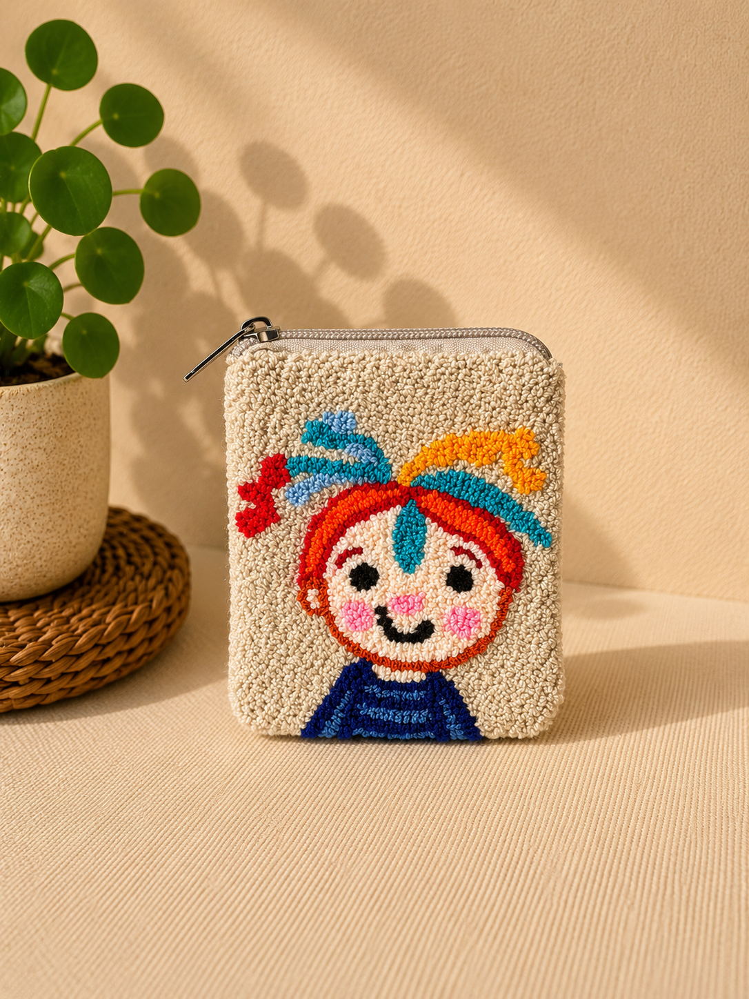 Handmade “Playful Portraits” Punch Needle Coin Purse – Artisan Character Zipper Pouch, Colorful Tufted Cosmetic Bag