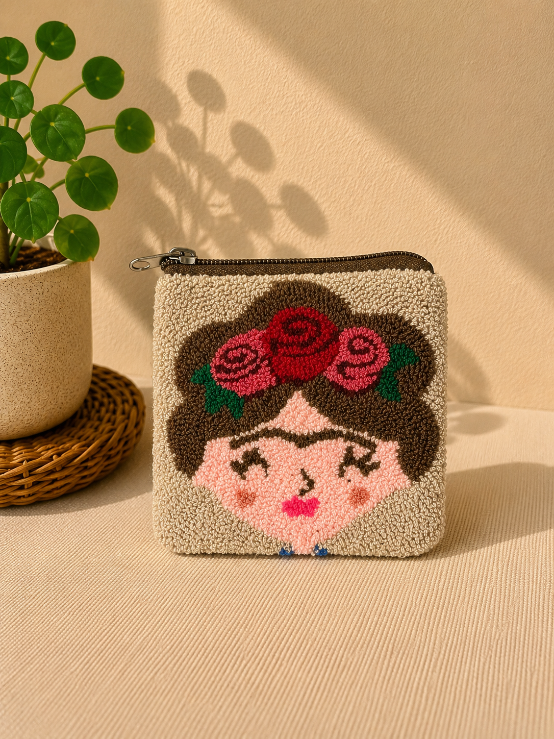 Handmade “Playful Portraits” Punch Needle Coin Purse – Artisan Character Zipper Pouch, Colorful Tufted Cosmetic Bag