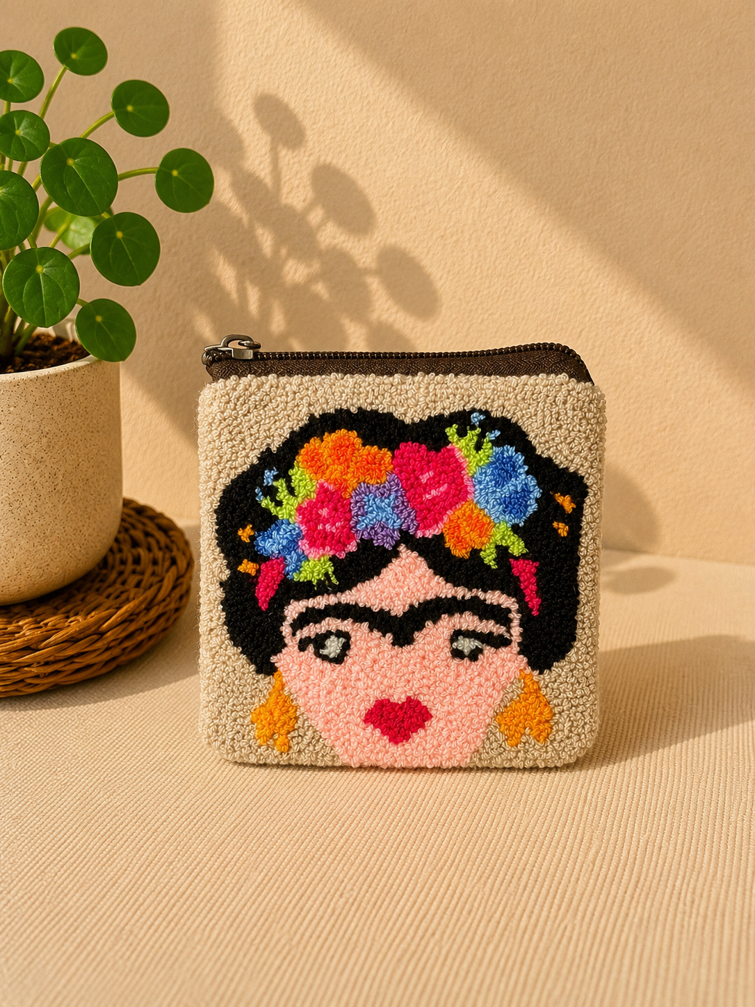Handmade “Playful Portraits” Punch Needle Coin Purse – Artisan Character Zipper Pouch, Colorful Tufted Cosmetic Bag