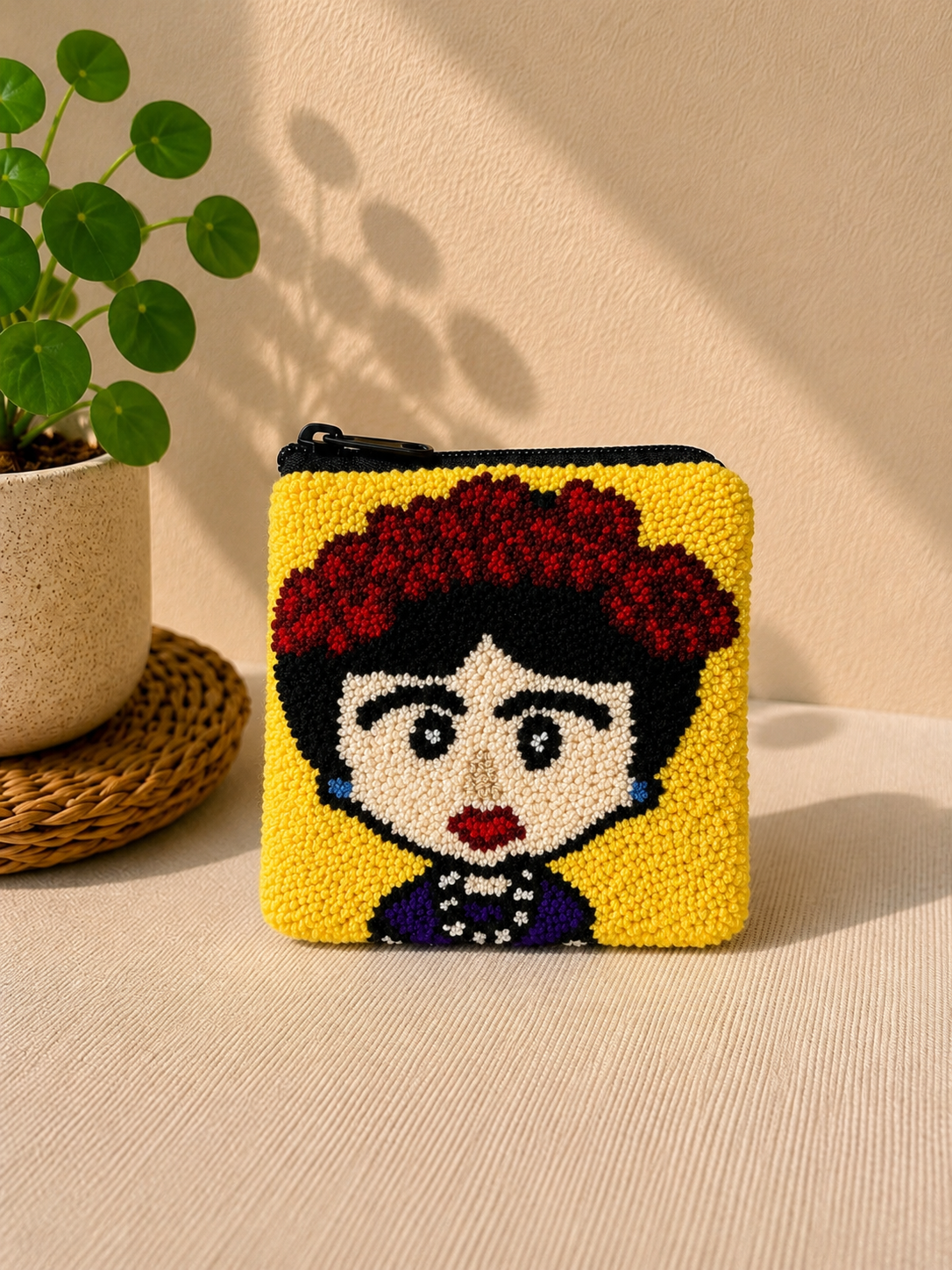 Handmade “Playful Portraits” Punch Needle Coin Purse – Artisan Character Zipper Pouch, Colorful Tufted Cosmetic Bag