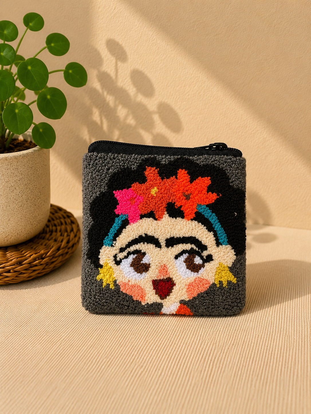 Handmade “Playful Portraits” Punch Needle Coin Purse – Artisan Character Zipper Pouch, Colorful Tufted Cosmetic Bag