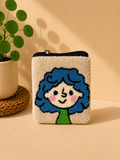 Handmade “Playful Portraits” Punch Needle Coin Purse – Artisan Character Zipper Pouch, Colorful Tufted Cosmetic Bag