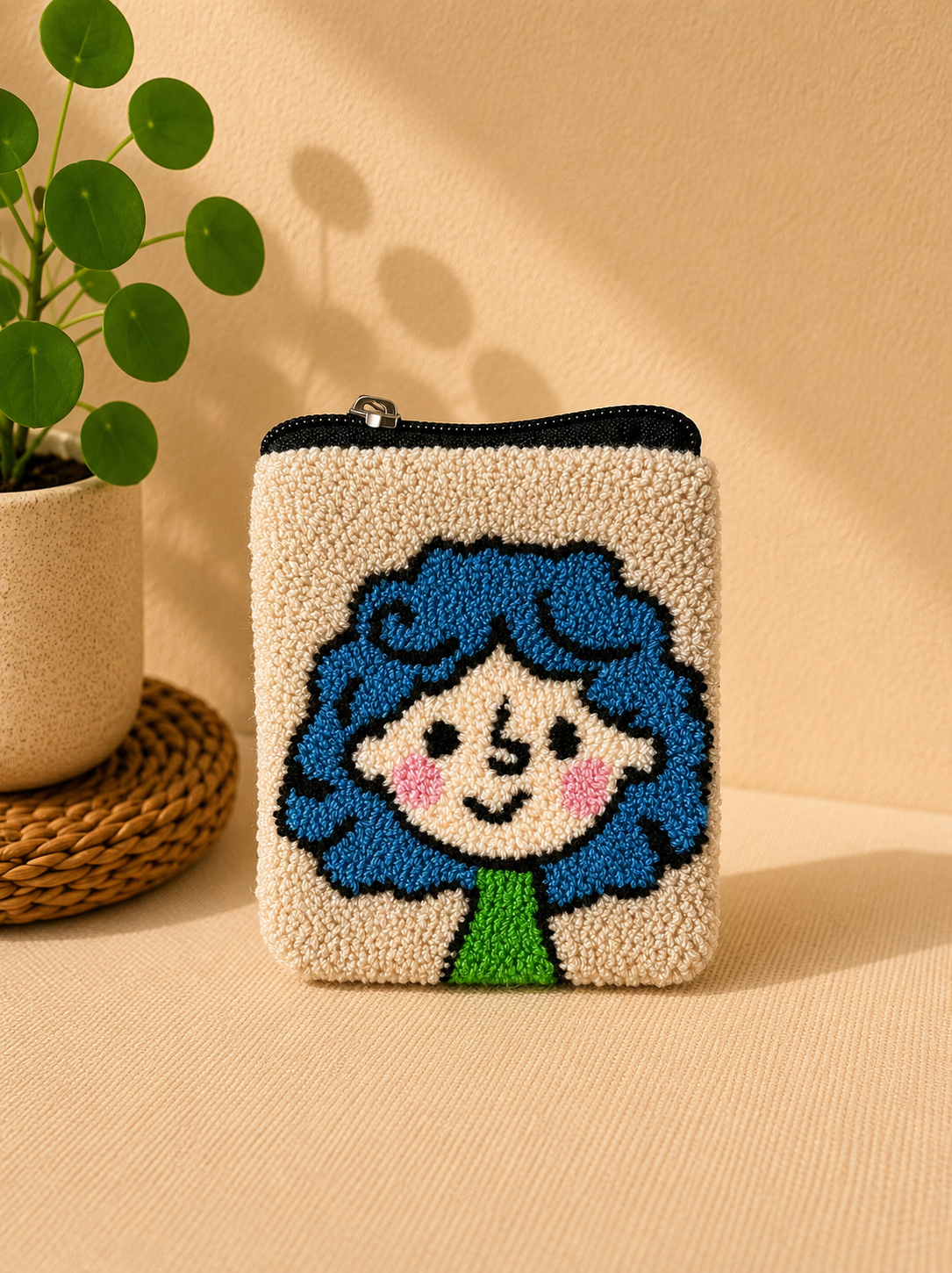 Handmade “Playful Portraits” Punch Needle Coin Purse – Artisan Character Zipper Pouch, Colorful Tufted Cosmetic Bag