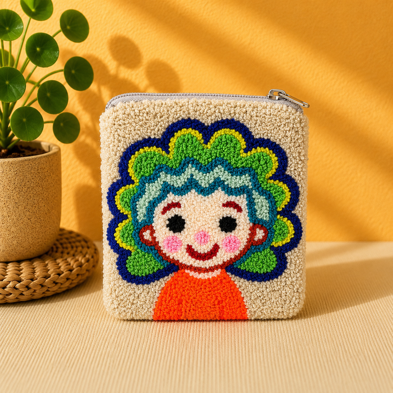 Handmade “Playful Portraits” Punch Needle Coin Purse – Artisan Character Zipper Pouch, Colorful Tufted Cosmetic Bag