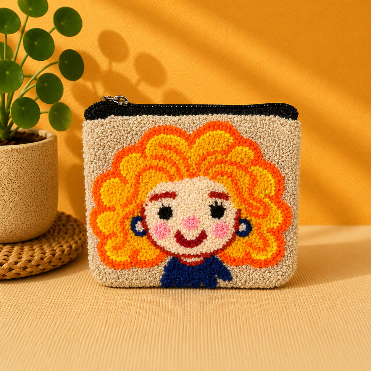Handmade “Playful Portraits” Punch Needle Coin Purse – Artisan Character Zipper Pouch, Colorful Tufted Cosmetic Bag