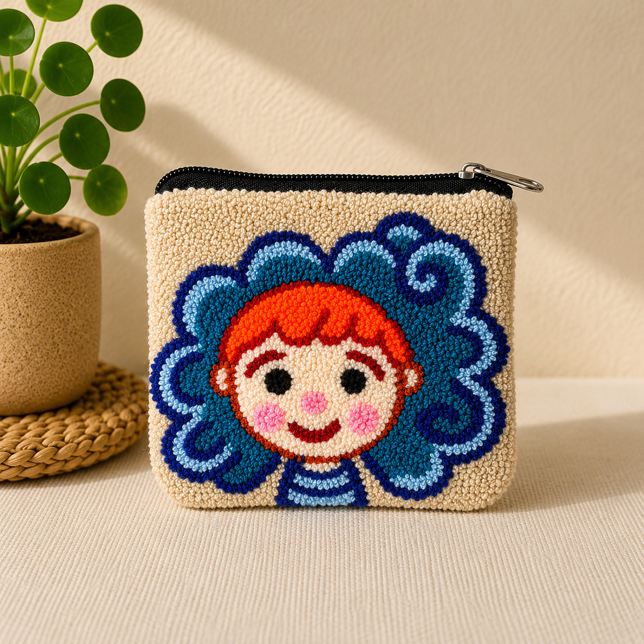 Handmade “Playful Portraits” Punch Needle Coin Purse – Artisan Character Zipper Pouch, Colorful Tufted Cosmetic Bag