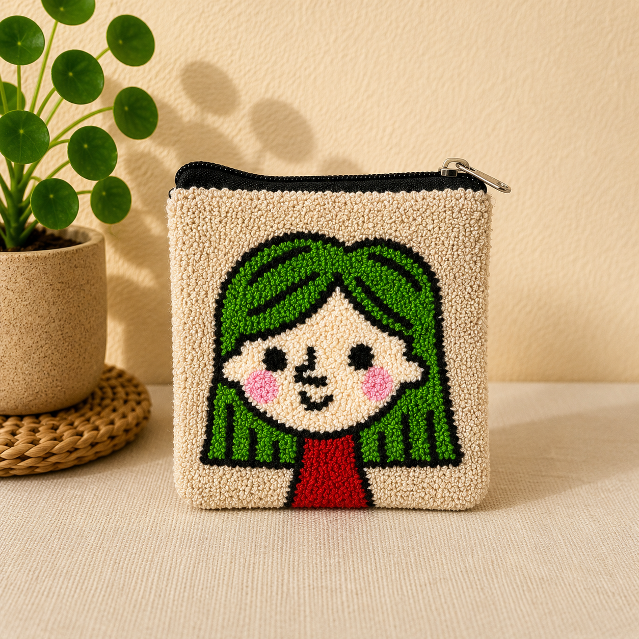 Handmade “Playful Portraits” Punch Needle Coin Purse – Artisan Character Zipper Pouch, Colorful Tufted Cosmetic Bag