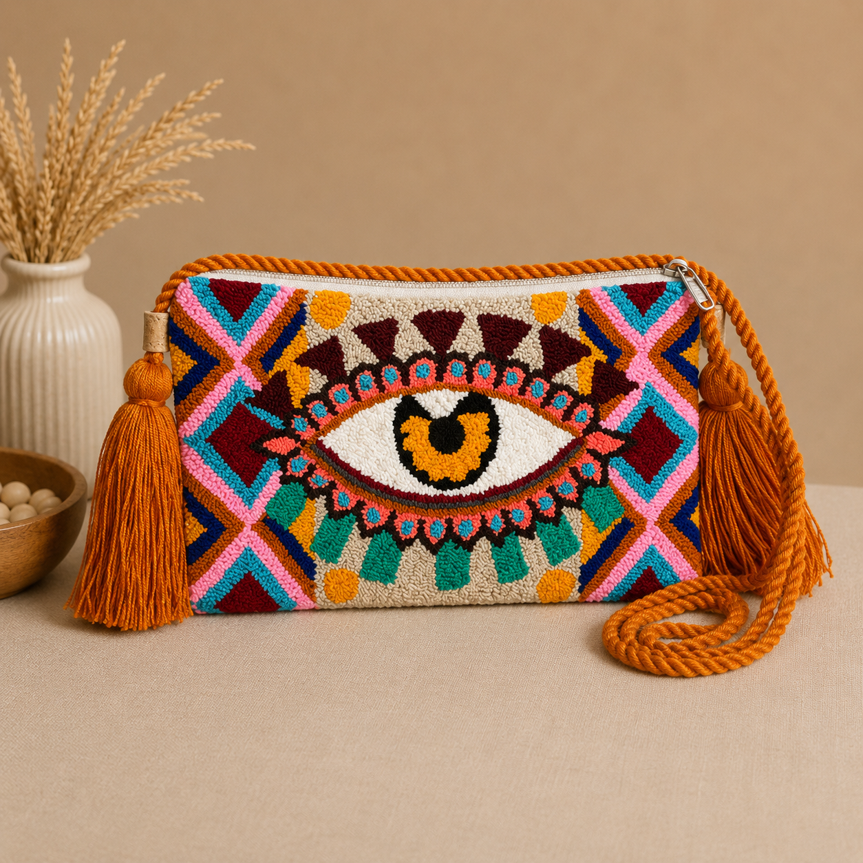 Handmade Turkish Eye Punch Needle Crossbody Bag – Evil Eye Artisan Clutch Purse