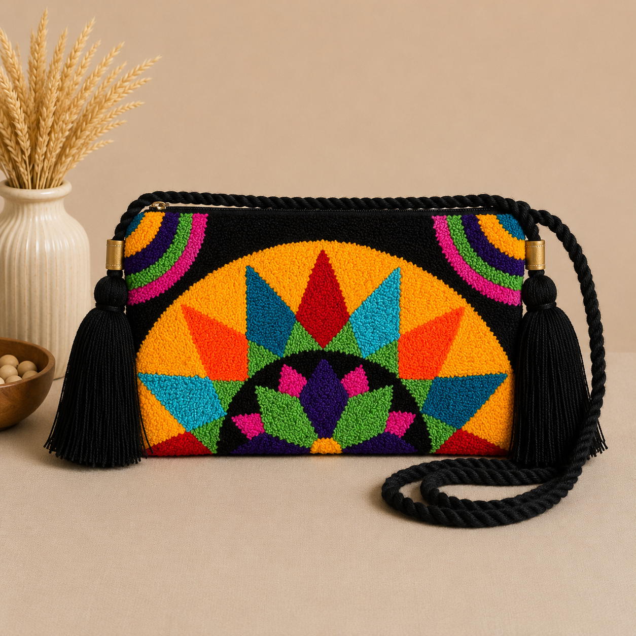 Handmade Mandala Punch Needle Crossbody Bag – Boho Geometric Artisan Clutch Purse