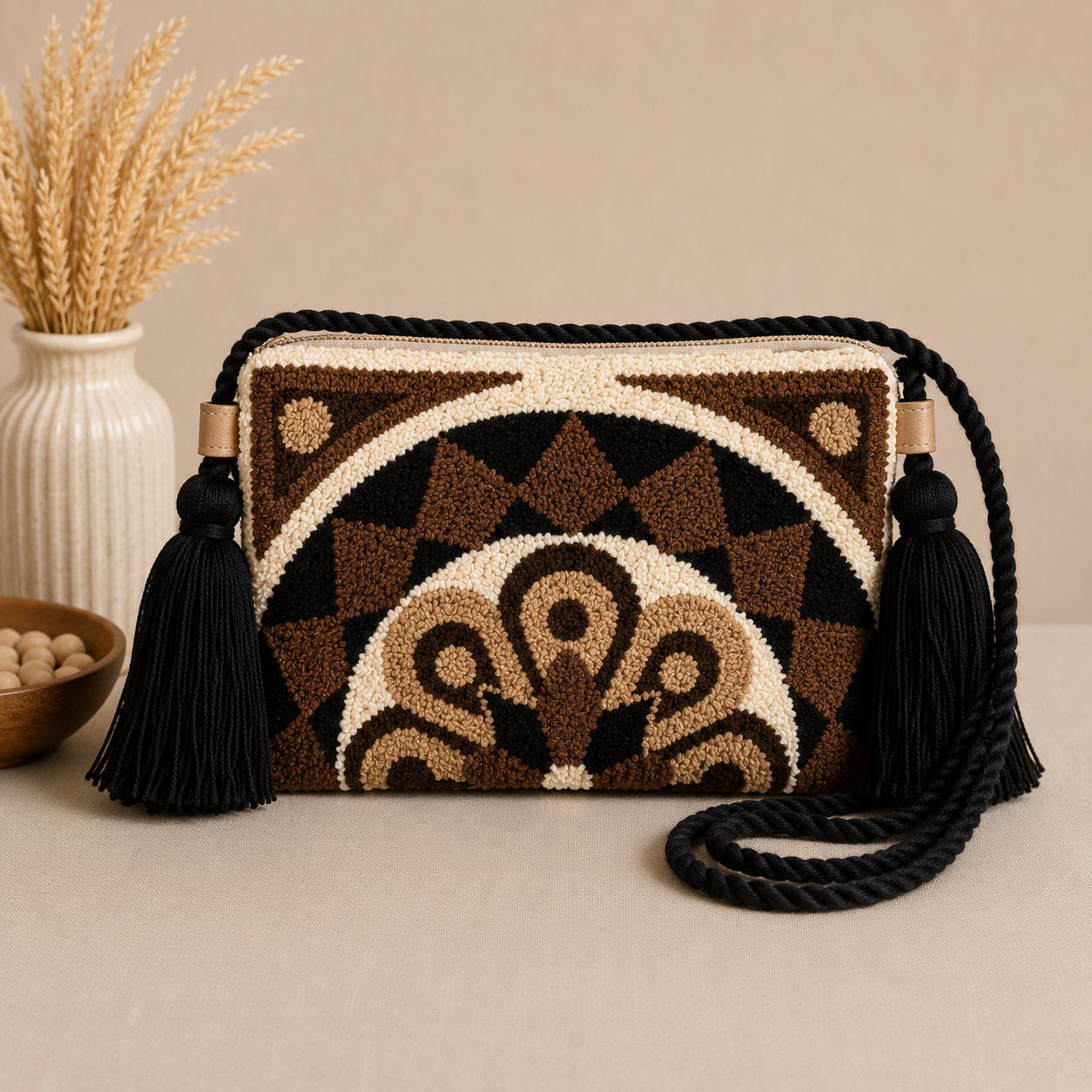 Handmade Mandala Punch Needle Crossbody Bag – Boho Geometric Artisan Clutch Purse