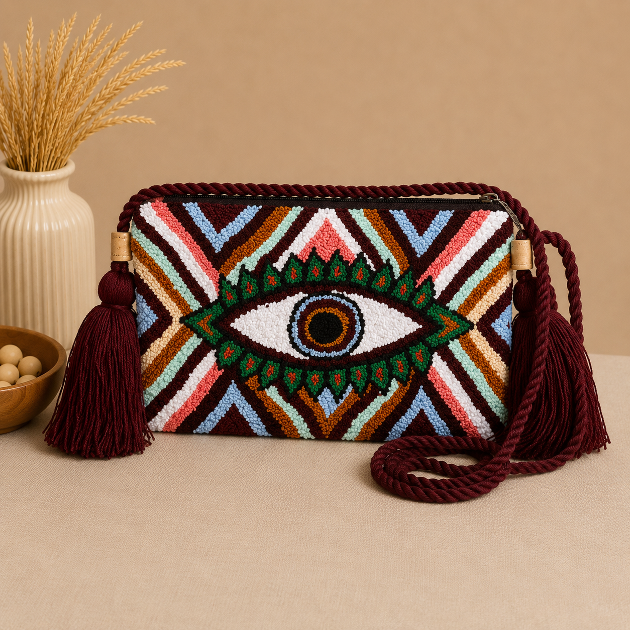 Handmade Turkish Eye Punch Needle Crossbody Bag – Evil Eye Artisan Clutch Purse