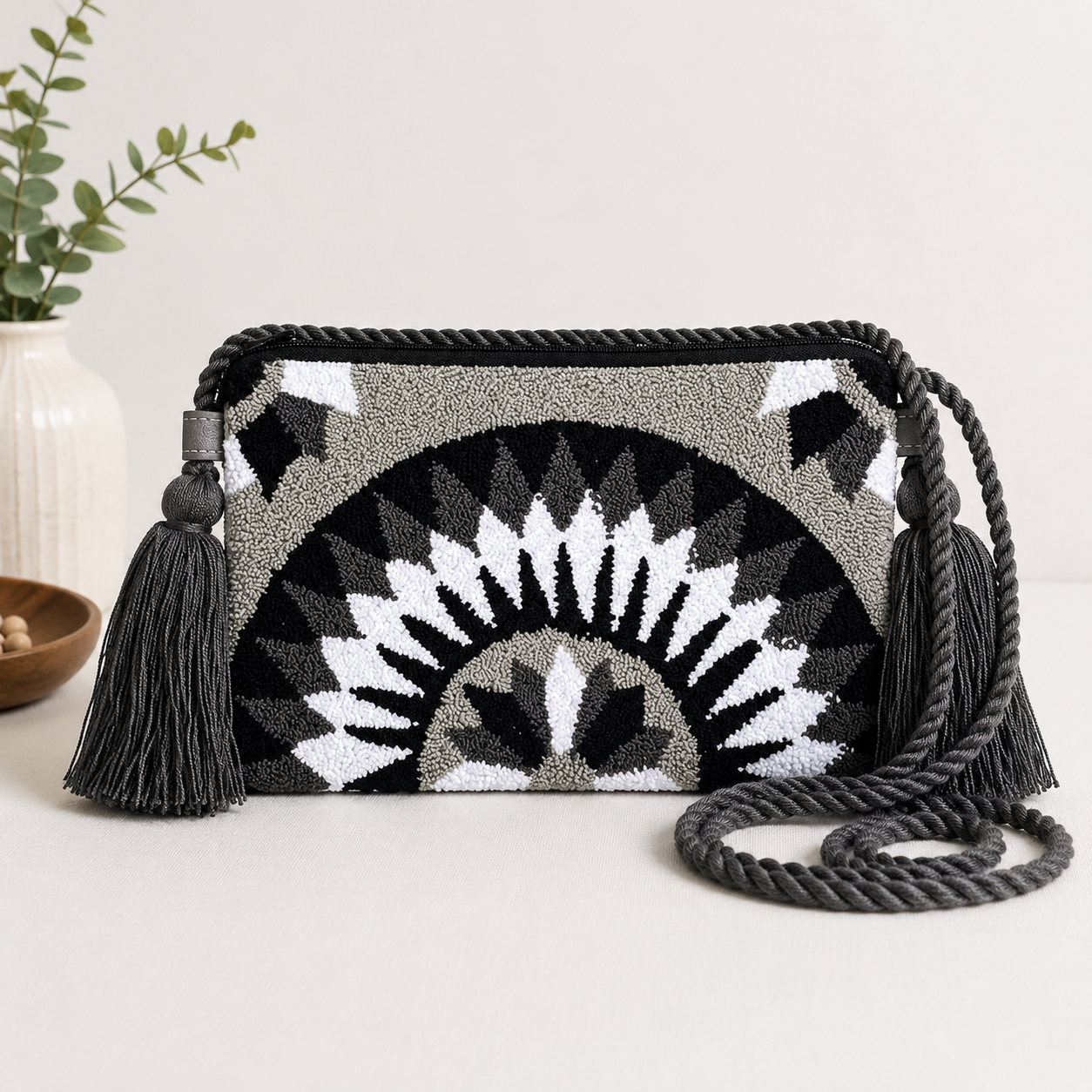 Handmade Mandala Punch Needle Crossbody Bag – Boho Geometric Artisan Clutch Purse