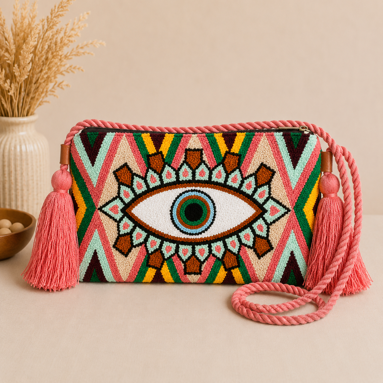 Handmade Turkish Eye Punch Needle Crossbody Bag – Evil Eye Artisan Clutch Purse
