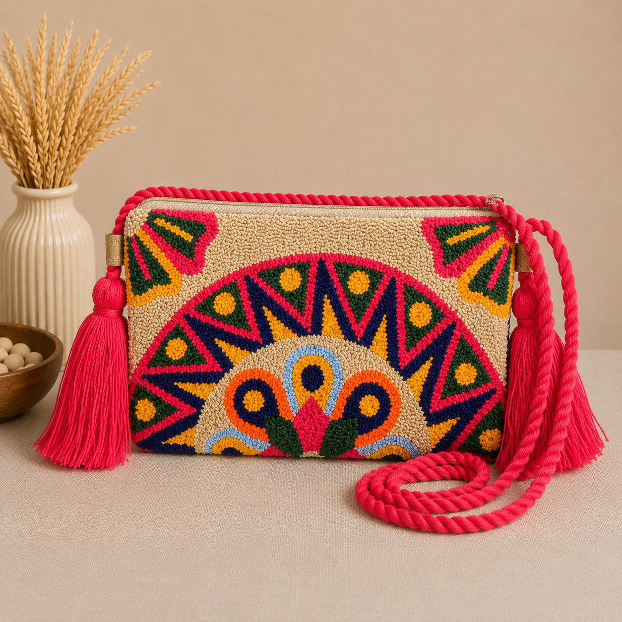 Handmade Mandala Punch Needle Crossbody Bag – Boho Geometric Artisan Clutch Purse
