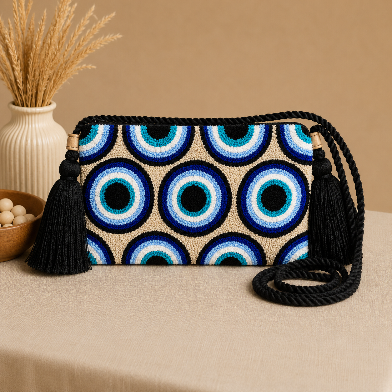 Handmade Turkish Eye Punch Needle Crossbody Bag – Evil Eye Artisan Clutch Purse