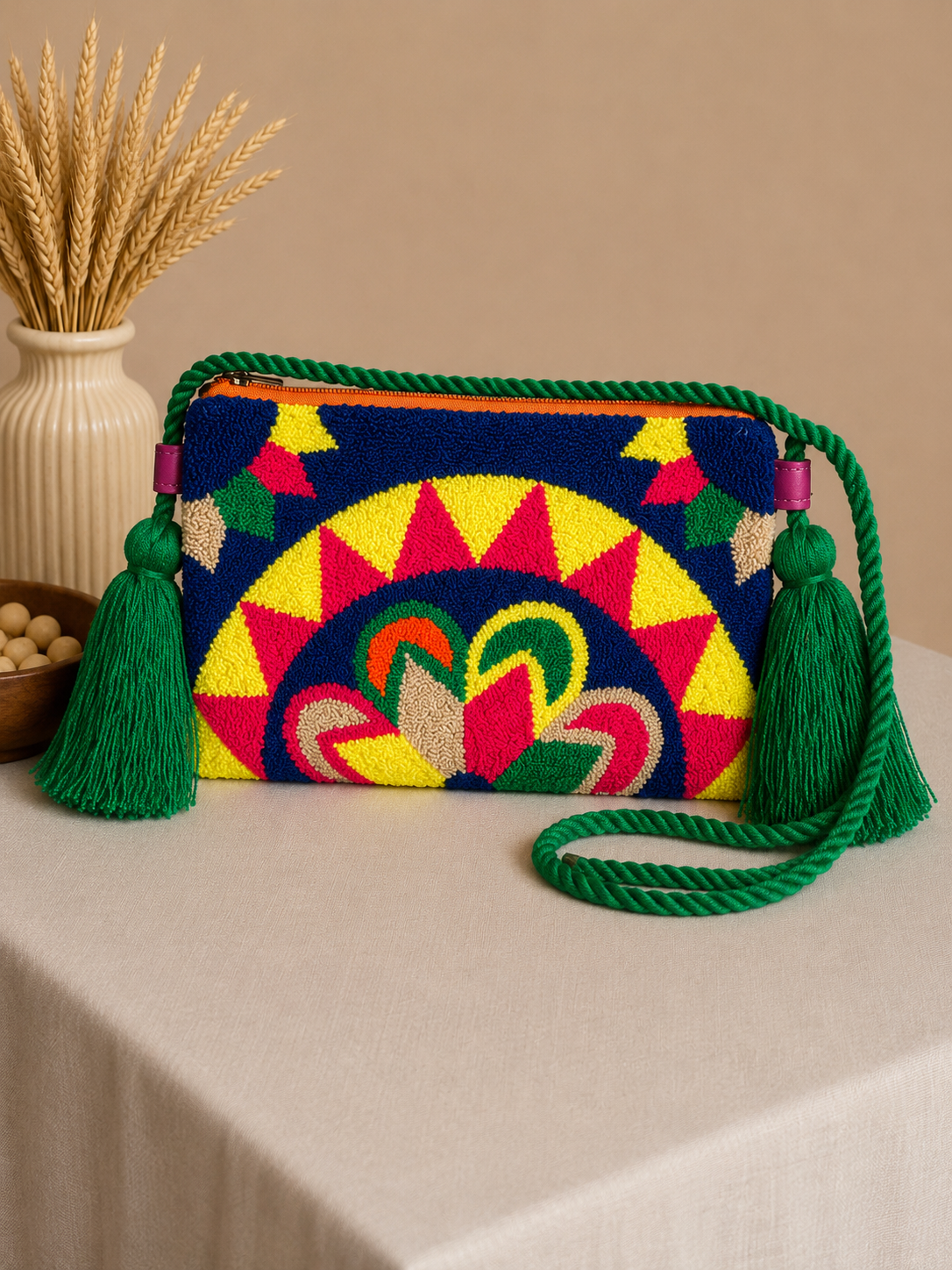 Handmade Mandala Punch Needle Crossbody Bag – Boho Geometric Artisan Clutch Purse
