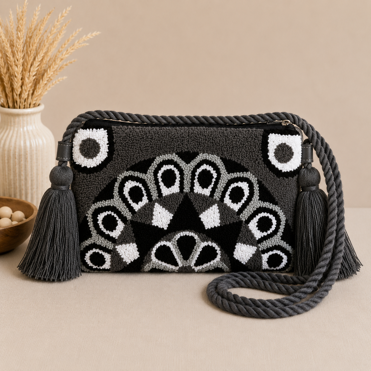 Handmade Mandala Punch Needle Crossbody Bag – Boho Geometric Artisan Clutch Purse