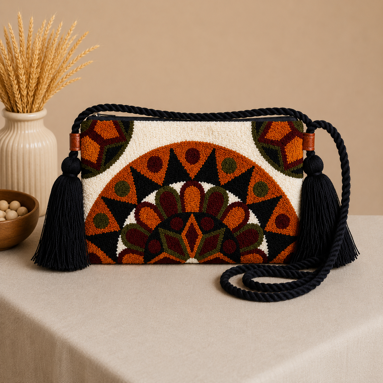 Handmade Mandala Punch Needle Crossbody Bag – Boho Geometric Artisan Clutch Purse
