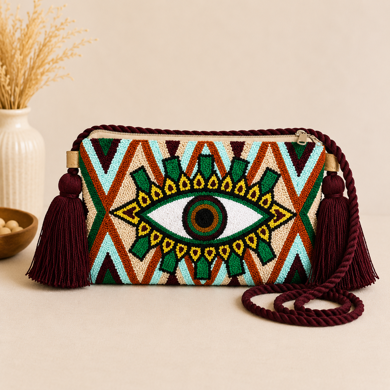 Handmade Turkish Eye Punch Needle Crossbody Bag – Evil Eye Artisan Clutch Purse