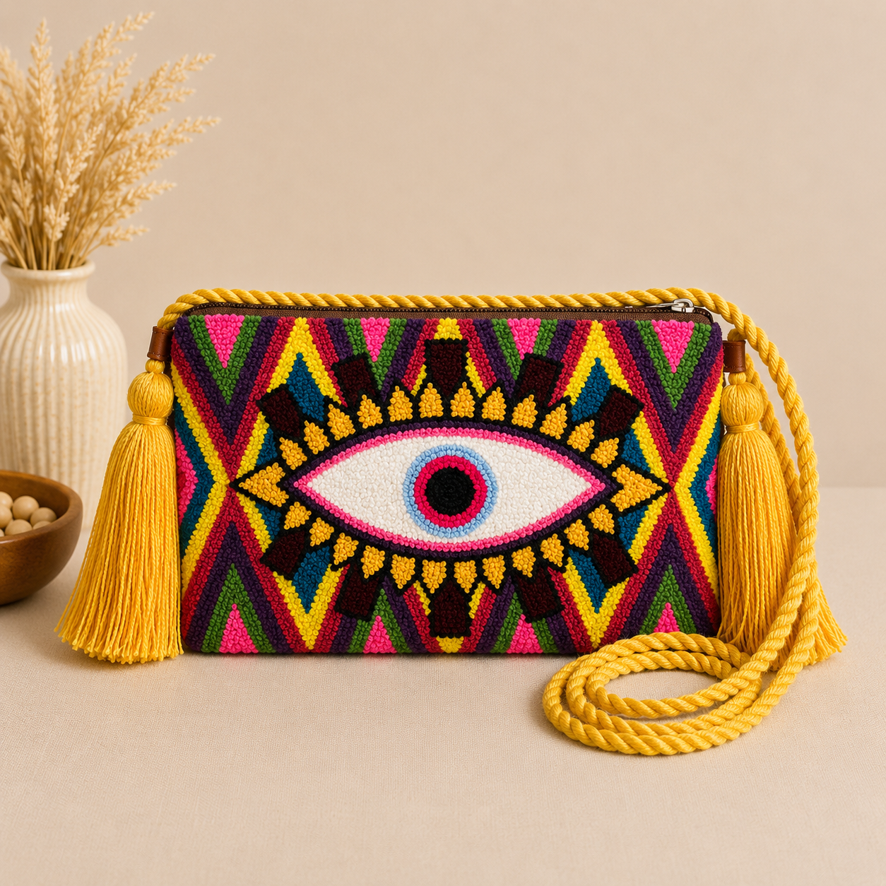 Handmade Turkish Eye Punch Needle Crossbody Bag – Evil Eye Artisan Clutch Purse