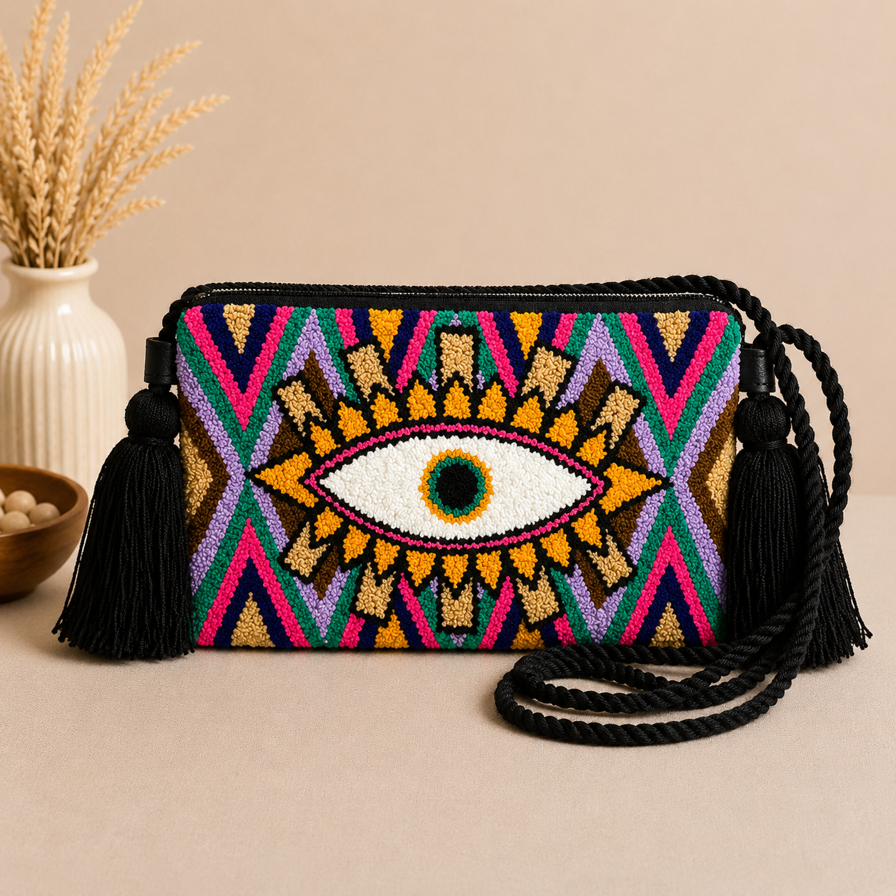 Handmade Turkish Eye Punch Needle Crossbody Bag – Evil Eye Artisan Clutch Purse