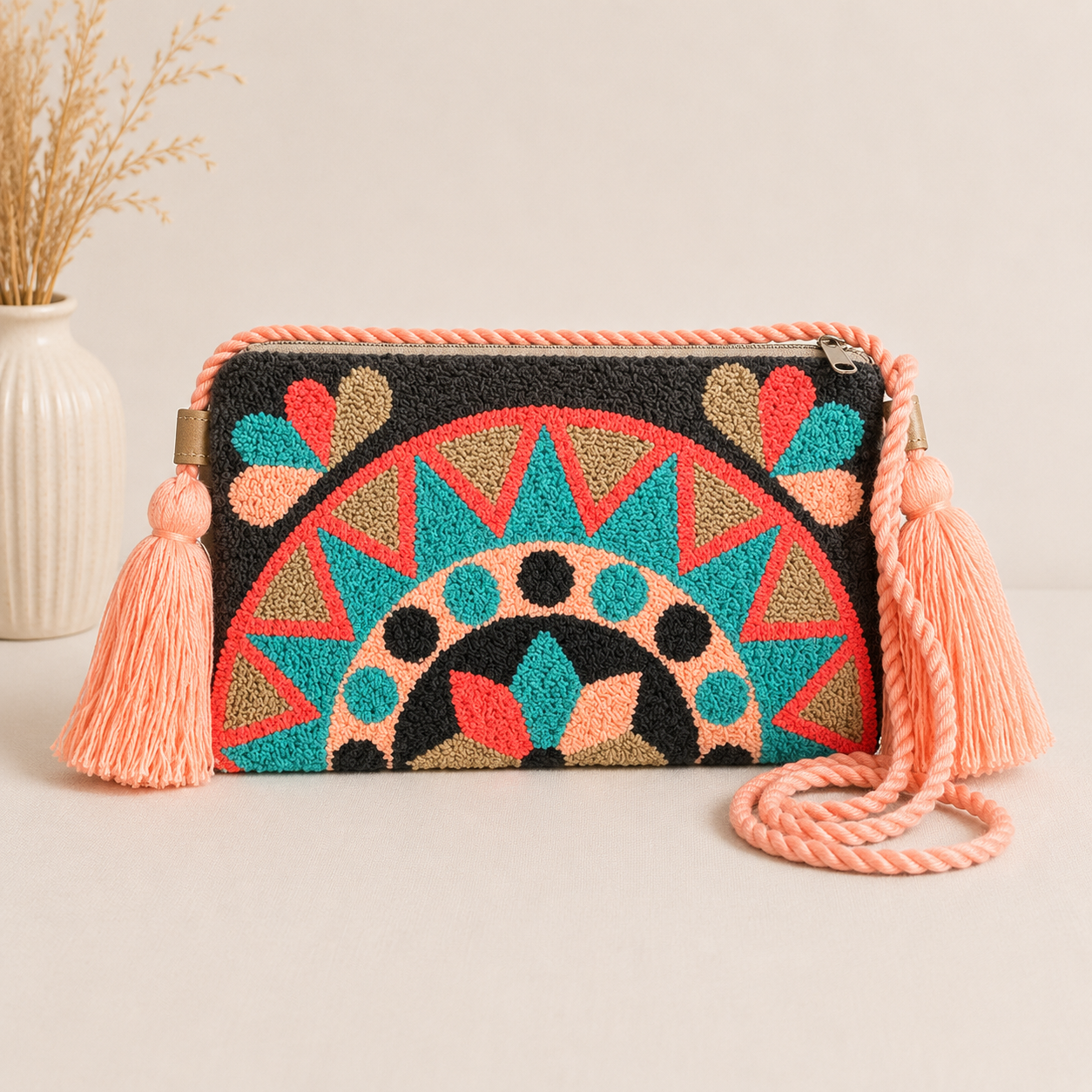 Handmade Mandala Punch Needle Crossbody Bag – Boho Geometric Artisan Clutch Purse