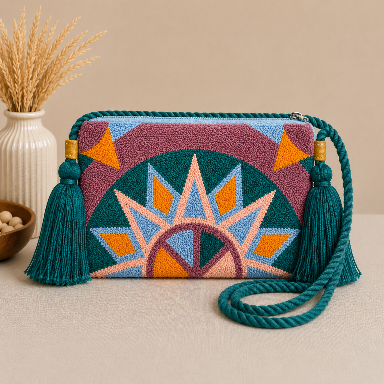 Handmade Mandala Punch Needle Crossbody Bag – Boho Geometric Artisan Clutch Purse