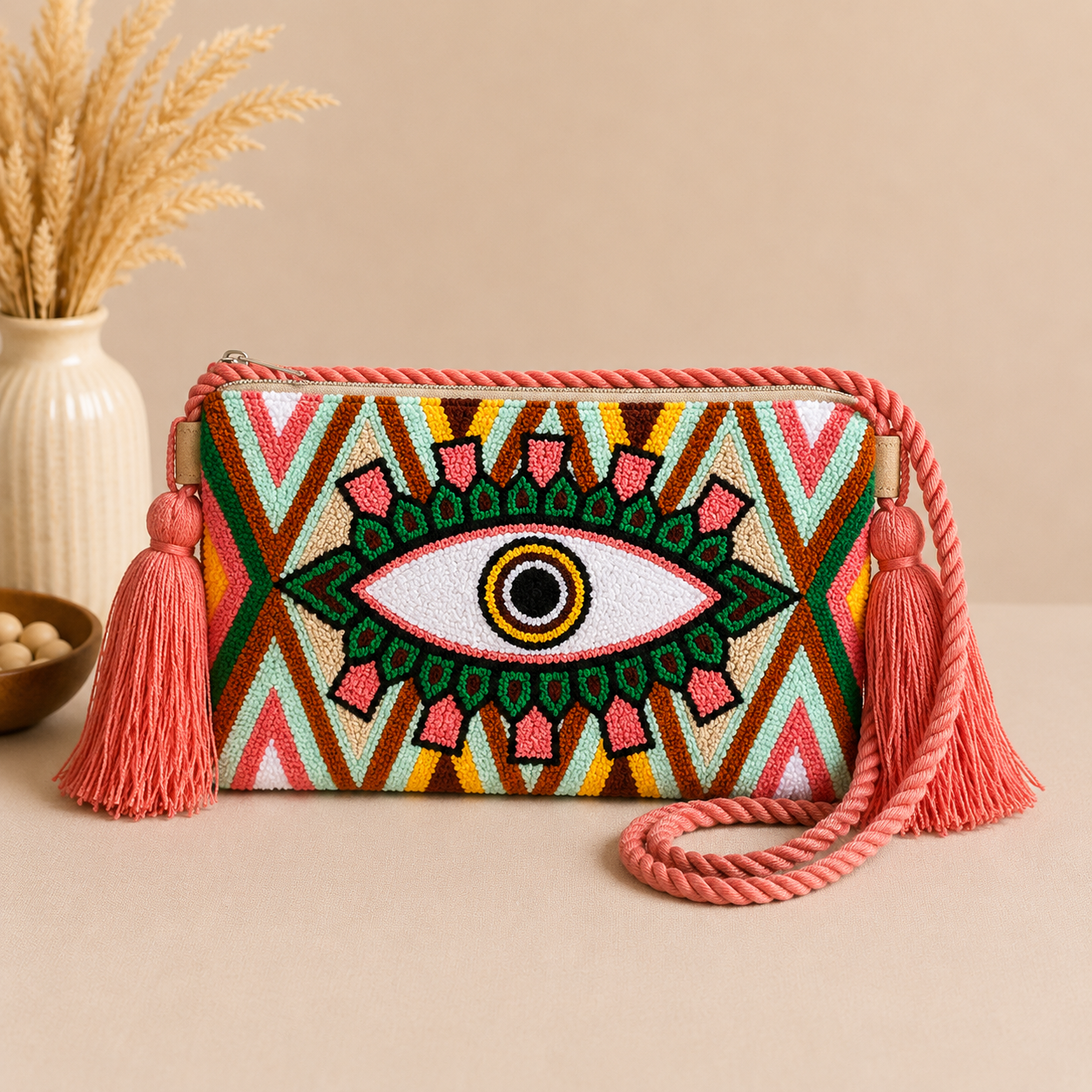 Handmade Turkish Eye Punch Needle Crossbody Bag – Evil Eye Artisan Clutch Purse