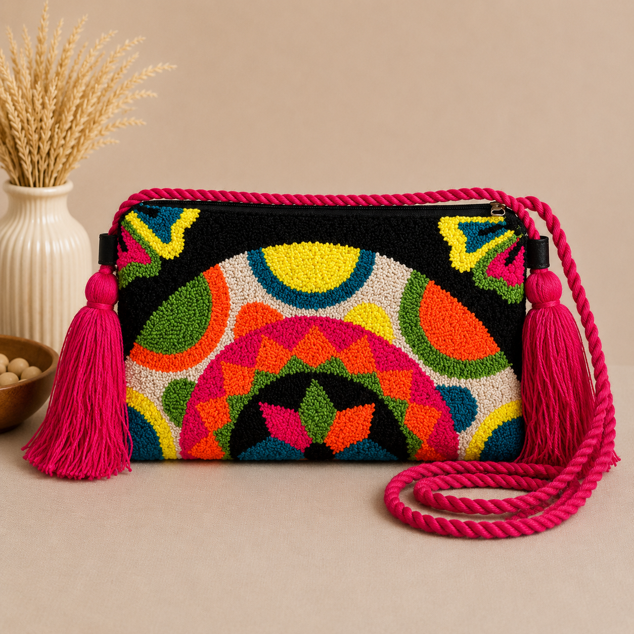Handmade Mandala Punch Needle Crossbody Bag – Boho Geometric Artisan Clutch Purse