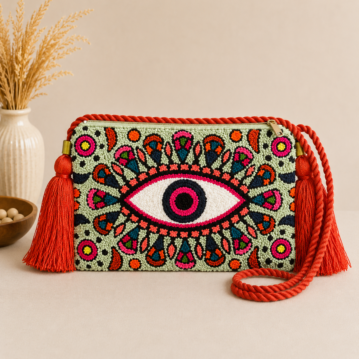 Handmade Turkish Eye Punch Needle Crossbody Bag – Evil Eye Artisan Clutch Purse