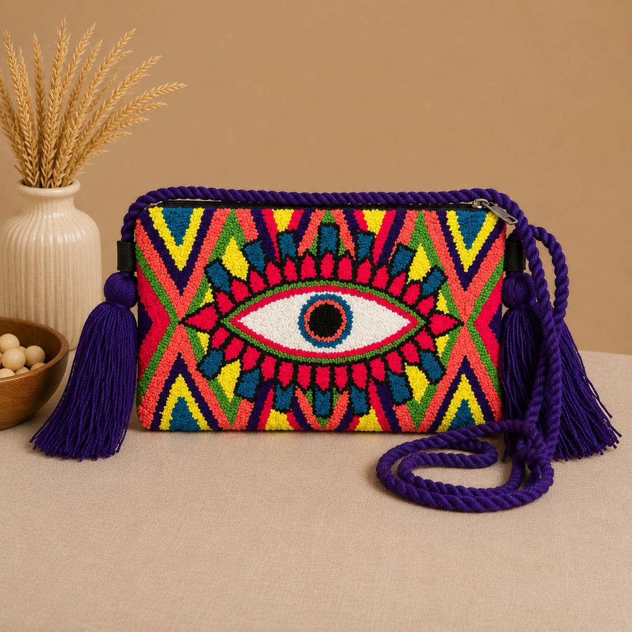Handmade Turkish Eye Punch Needle Crossbody Bag – Evil Eye Artisan Clutch Purse